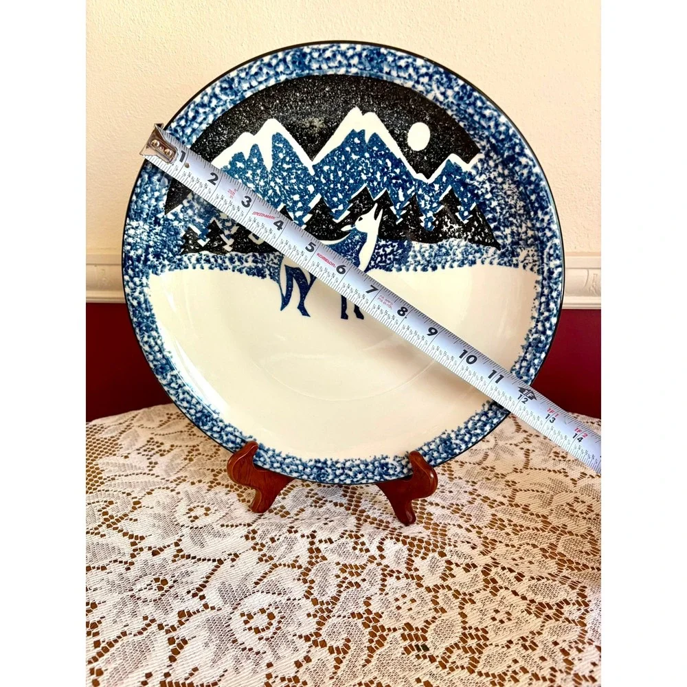 Tienshan‎ Folk Craft Wolf Chop Plate Blue White Mountain Cabin Stoneware 12